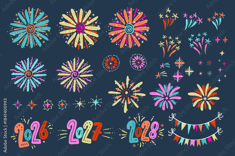 Fototapeta premium Fun hand drawn doodle fireworks, collection of hand drawn elements - vector design