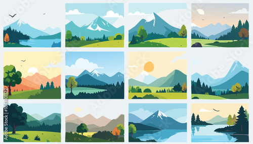 Collection of twelve stylized flat design vector landscape illustrations featuring mountains forests lakes and diverse natural scenery
