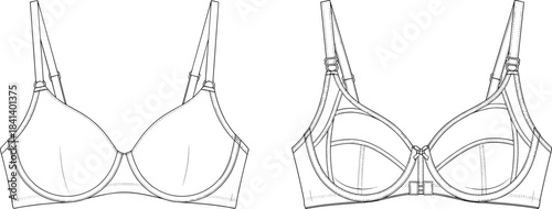 Underwire bra CAD template, technical flat sketch with molded cups, adjustable straps and seam details, lingerie design vector illustration for fashion use