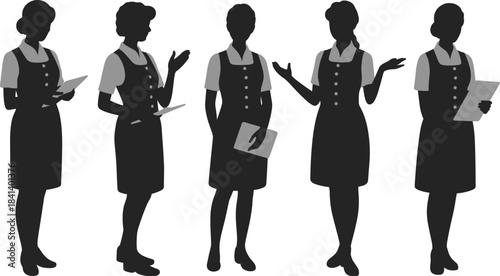 Five female silhouettes in business attire holding documents and gesturing on white background woman