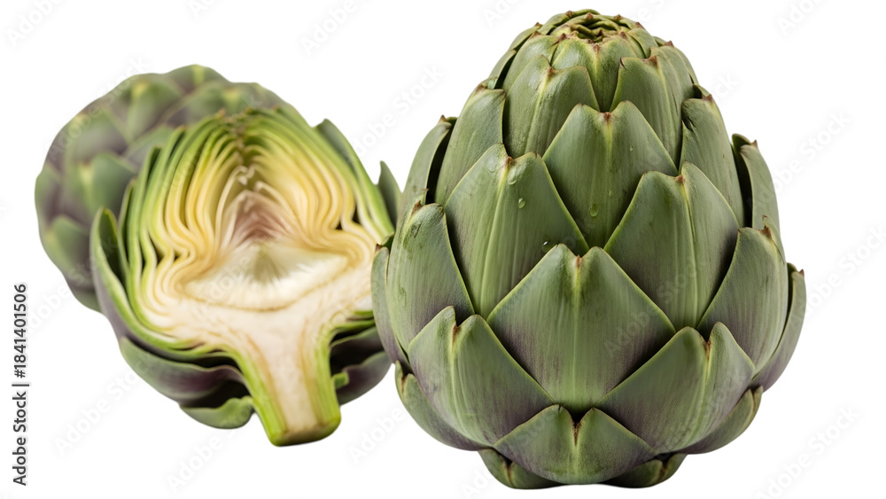 Obraz premium Fresh artichoke and half artichoke isolated on transparent background
