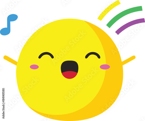 Joyful yellow emoji singing passionately musical notes rainbow colors vector eps