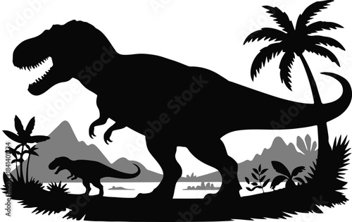 dinosaur prehistoric scene adult and juvenile vector illustration