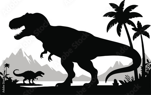 dinosaur silhouette scene with palms mountains and vegetation