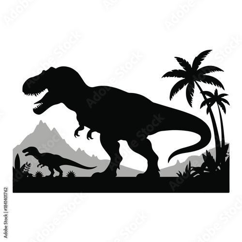 dinosaur trex parent and juvenile silhouette with palm trees