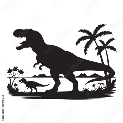 dinosaur silhouette adult and juvenile on prehistoric landscape