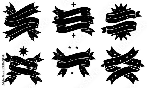 Six Black Starry Ribbon Banners with Decorative Ends on White Background