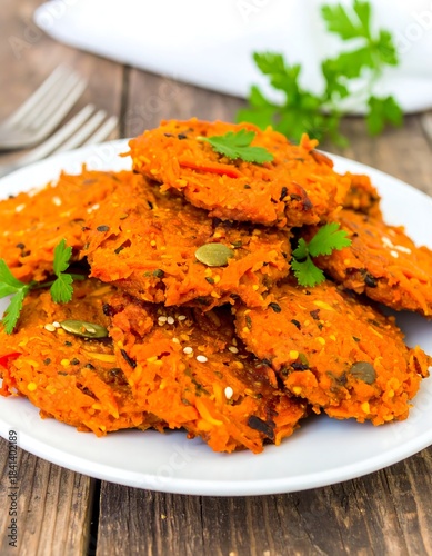 Stack of orange carrot patties on white plate, topped with seeds and herbs
