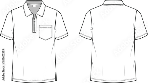 Polo shirt CAD template, technical flat sketch with zip placket, collar and chest pocket, garment design vector illustration for fashion designers