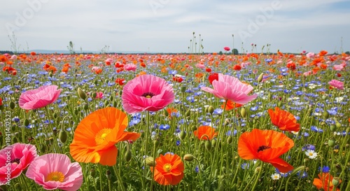 Colorful wildflower meadow with bright pink and orange poppies mixed with blue and white blooms. Perfect for nature backgrounds, spring themes, or garden inspiration projects.