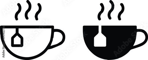 tea mug and saucer icon pair with hanging teabag steam lines vector ui