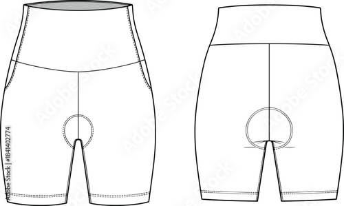 Cycling shorts CAD template, technical flat sketch with high waistband and padded insert detail, activewear garment design vector illustration for fashion