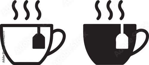 tea cup icon set with steam and hanging teabag outline and solid icons