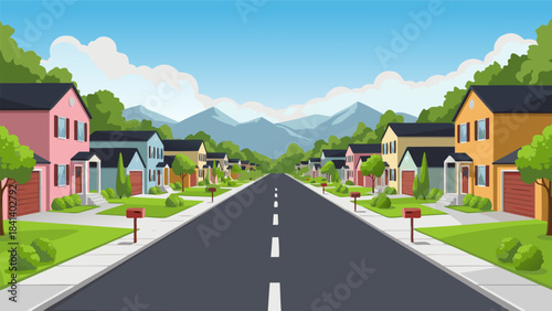 A picturesque suburban street lined with colorful houses and green lawns, stretching towards distant mountains under a bright sky.