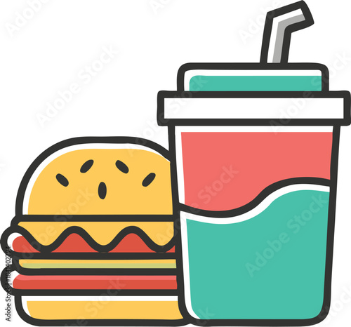 Fast Food Icon: Burger and Soda Drink - Flat Colored Design