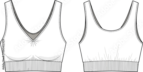 V-neck sports bra CAD template, technical flat sketch with ribbed band and gathered details, activewear garment design vector illustration for fashion use