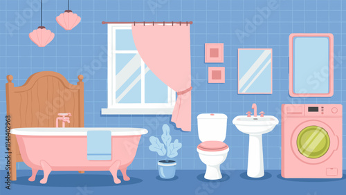 A charming pink and blue bathroom illustration featuring a clawfoot tub, toilet, sink, and washing machine.