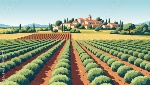A picturesque rural landscape featuring meticulously cultivated rows of green crops stretching towards a charming village nestled amidst rolling hills under a clear blue sky.