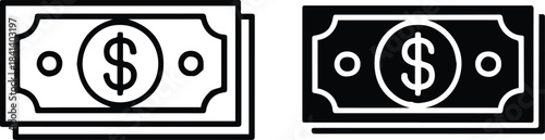 money cash icon pair outline and filled banknote symbols vector