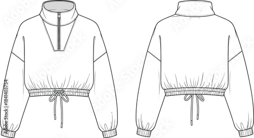 Pullover sweatshirt CAD, technical flat sketch with zipper, drawstring hem, long sleeves, garment template for fashion design, vector illustration