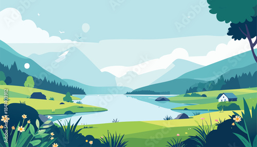 Serene minimalist landscape illustration featuring vibrant green hills a calm blue lake and distant layered mountains under a bright sky