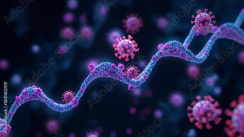 Sliding camera revealing helical RNA strand oscillating in fluid, showing spike protein docking