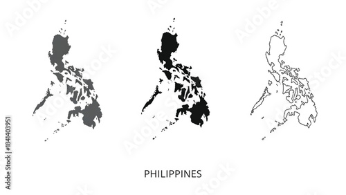 A detailed vector set of the Philippines map presented in three versatile styles: solid gray, solid black, and a clean line-art outline. This archipelago map features accurate coastal borders.
