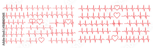 Red electrocardiogram ecg heart rate monitor lines with various heart symbols on a white background
