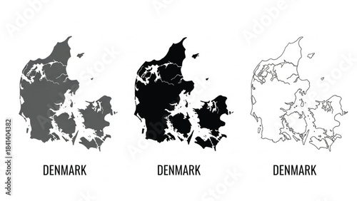 Professional vector set of Denmark maps in three distinct styles: solid gray silhouette, solid black, and clean line art. High-quality cartography design for European geography, Nordic travel planning