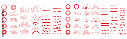 Collection of red hand drawn grunge design elements including sunbursts circles lines swirls dots and dividers