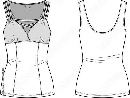 Women's tank top technical fashion sketch with strappy front detail, front and back views, apparel CAD drawing flat vector illustration design