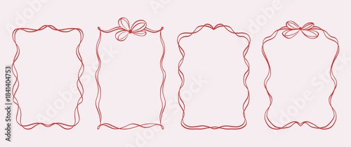 Cute wavy frames with wavy lines, bows and ribbons. Vector hand drawn vintage border set. Whimsical borders for wedding invitations, birthday card, lunch menus.