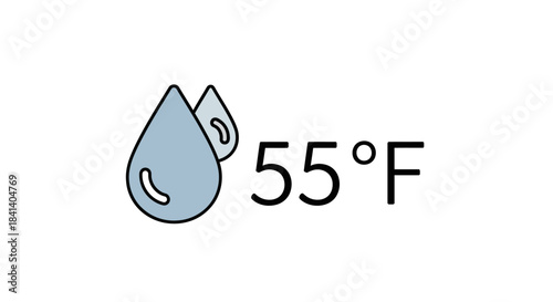 Depiction of fifty-five degrees Fahrenheit with water drops adjacent to the temperature numeral