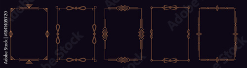 Art deco gold frames. Elegant line ornament borders, luxury golden decorative labels for wedding invitation card, simple thin modern geometric antique vintage elements. Vector set