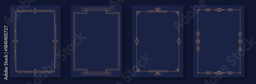 Art deco frames. Luxury gold borders minimal line style, elegant golden geometric decoration labels, gala party blank poster and wedding invitation card design. Vector contemporary set