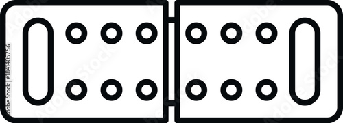 Door hinge connecting two rectangular parts with screw holes and slotted openings