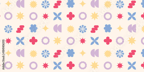 Abstract Seamless Pattern with Soft Flat Geometric Flowers, Stars, Rings and Petal Shapes. Playful Modern Design elements for Wallpaper, Textile or Digital Art Backgrounds. Vector Illustration.
