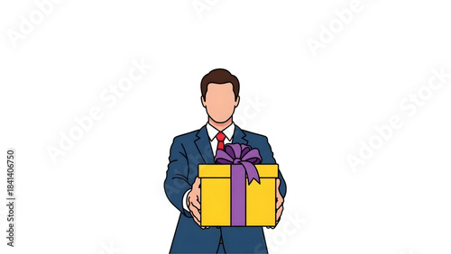 A professional, faceless man in a formal suit extends a vibrant yellow gift box tied with a purple ribbon, symbolizing a thoughtful concept of giving, celebration, or a special occasion