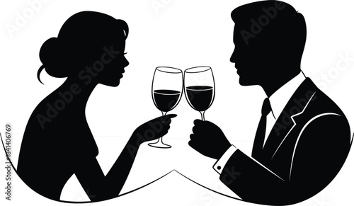 Silhouette of a Couple Toasting with Wine Glasses at a Table Keywords: couple, silhouette, toasting, wine glasses, clinking