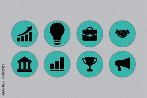 Collection of business and achievement icons in teal circles on gray background