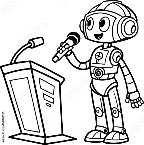 Friendly robot presenting at podium with microphone