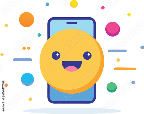 Happy emoji leaping from mobile phone screen vector illustration for digital content