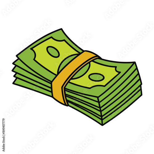 Stack of green banknotes bound by a yellow band money cash