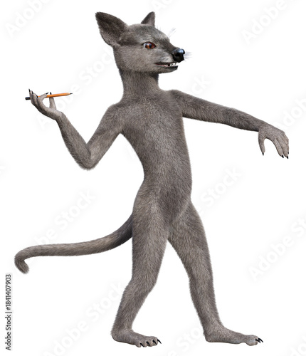 A gray anthropomorphic mouse standing ready to throw a pencil as in darts game. 3d rendering on transparent background, no AI used