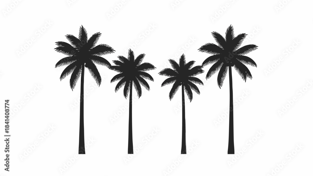 Fototapeta premium Stylized Illustration of 4 Palm Trees Silhouettes: Black and White Design for Creative Projects