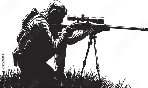 Silhouette of a sniper aiming a rifle in grass scope