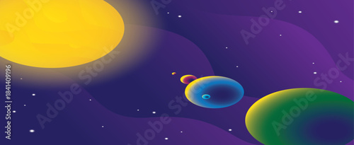 A colorful solar system illustration with planets stars and orbits in a dark space background, vector illustration.