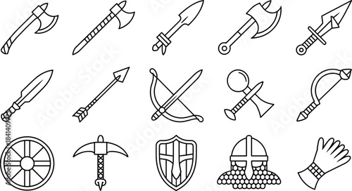 Collection of 16 black outline viking warrior weapons and armor icons viking axe battle axe