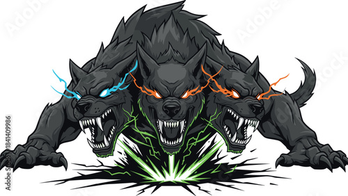 Three headed black wolf monster with glowing eyes and energy bursts creature