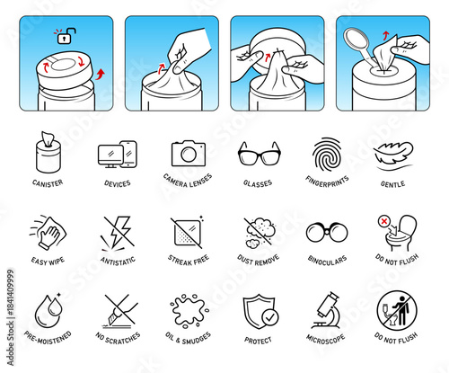 Set icons for lens cleaning products with user instruction. Suitable for eyeglasses, camera lens, and other optical devices. The outline icons are well scalable and editable. EPS10.